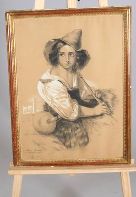 painting of a woman in a hat with a cat on a easel