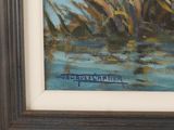 an oil painting of a river scene with reeds in the foreground