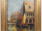 an oil painting of a sailboat on a river with a building in the background