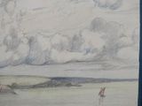 a drawing of a sailboat on the water under a cloudy sky