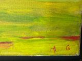 an oil painting of a green field with red and yellow flowers