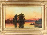 an oil painting of a boat on a lake with a sunset in the background