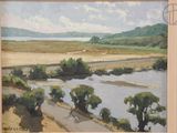 un tableau représentant une vue sur une rivière avec des arbres au premier plan