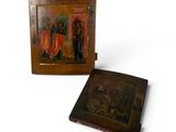 an old wooden picture frame with a painting of a man and a woman