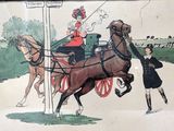a drawing of a woman riding in a carriage pulled by a horse