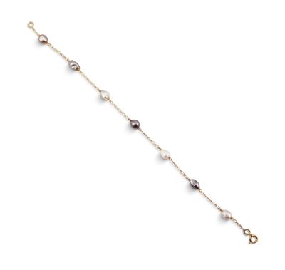 a close up of a bracelet with pearls on a white background