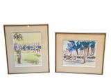 une paire d'aquarelles encadrées représentant un parc et des arbres