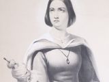 a black and white drawing of a woman holding a knife