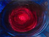 peinture abstraite représentant un tourbillon rouge et bleu dans un bol en verre