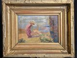 une peinture à l'huile représentant une femme assise sur une plage à côté d'un homme