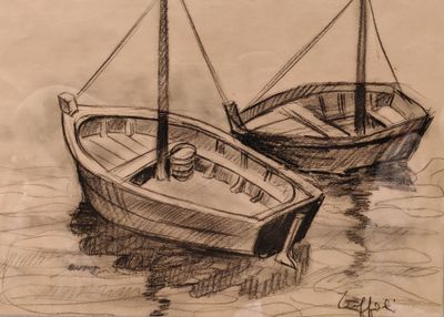 dessin représentant deux bateaux sur l'eau, l'un muni d'un mât et l'autre d'une voile
