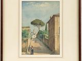 framed watercolor painting of a street scene with a man walking down the street