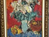 une peinture à l'huile représentant un vase de fleurs sur une table