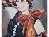 painting of a woman in a black dress with a red and white hat