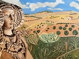 tableau représentant une femme debout devant un tableau représentant un paysage