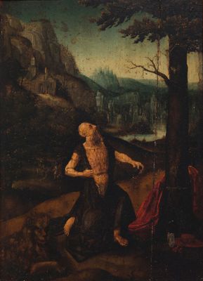 un tableau représentant un homme avec un chien dans un environnement boisé
