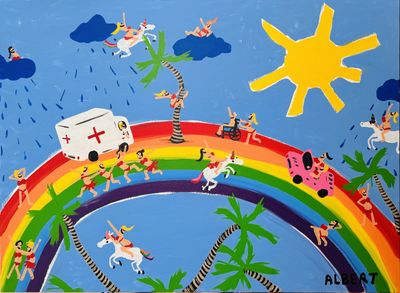 a painting of people on a rainbow with a sky background