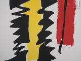 painting of a red, yellow, and black abstract painting on a white wall