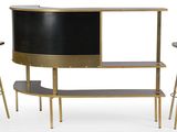 a black and gold bar with three stools next to it