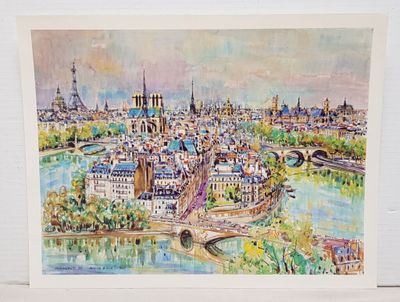 un tableau représentant une vue d'une ville avec un pont