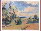 un tableau représentant un paysage avec des arbres et une route au premier plan