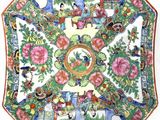 a close up of a decorative plate with flowers and birds on it