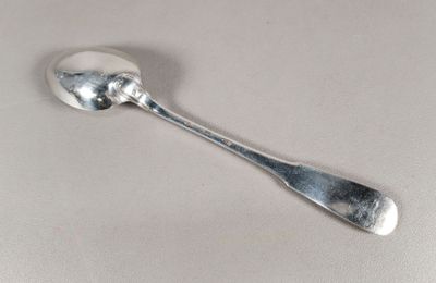 une cuillère avec son manche, posée sur une surface blanche