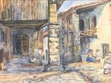 une peinture représentant une scène de rue avec des personnes marchant dans la rue