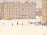 un tableau représentant des personnes marchant dans la neige devant un immeuble