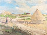 painting of a woman walking down a dirt road past a hay field