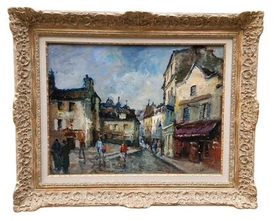 une peinture à l'huile représentant une scène de rue avec des personnes marchant dans la rue