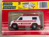 toy ambulance with red and white stripes on the front of it