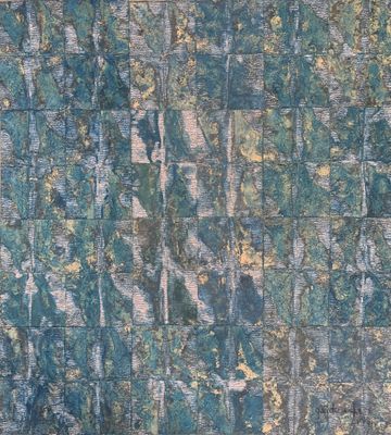 an image of a close up of a stone wall with green and gold paint