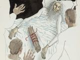 drawing of a man in a bed with a bunch of people surrounding him