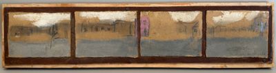 tableau représentant une fenêtre donnant sur un champ et des arbres