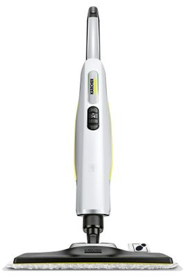 a close up of a mop on a white surface with a yellow handle
