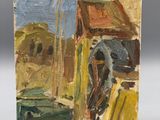 une peinture représentant une peinture d'une maison et d'un camion