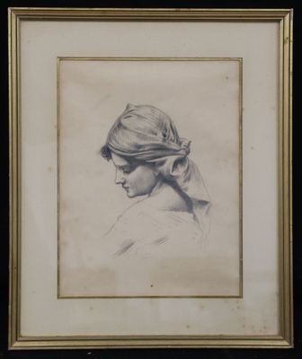an old drawing of a woman wearing a head scarf