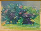 an image of a painting of trees in a field with a sky background