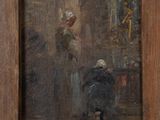 painting of a woman in a white hat and a man in a black coat