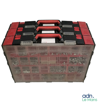 a plastic tool box filled with lots of screws and nuts
