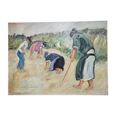 tableau représentant un groupe de personnes sur un chemin de terre, avec un chien au premier plan