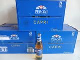 boxes of peroni capri beer are stacked on top of each other