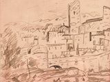 dessin représentant un village avec un bateau au premier plan et un oiseau au premier plan