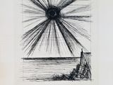an image of a drawing of a sun over a body of water