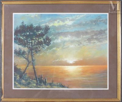tableau représentant un coucher de soleil sur l'océan, avec un arbre au premier plan