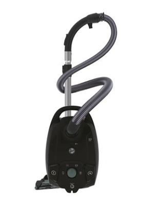 un aspirateur noir muni d'un tuyau sur le dessus
