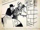 drawing of a man and a woman standing in front of a sign