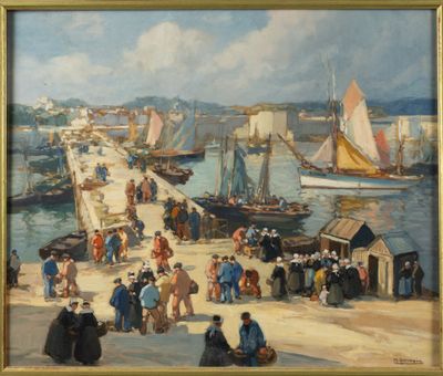 a painting of a harbor scene with boats and people