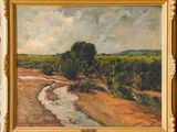 an oil painting of a landscape with a river in the foreground